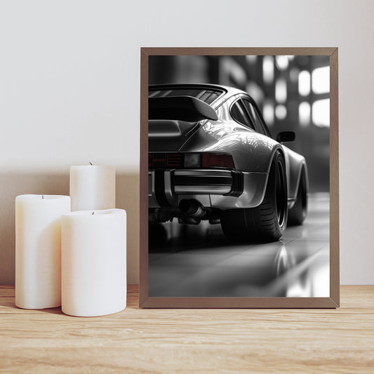 Black-and-white Porsche 930 Widebody Turbo digital wall art, perfect for men's home decor, retro wall art, and gifts for car enthusiasts. Ideal for man caves, office wall decor, or modern home spaces.